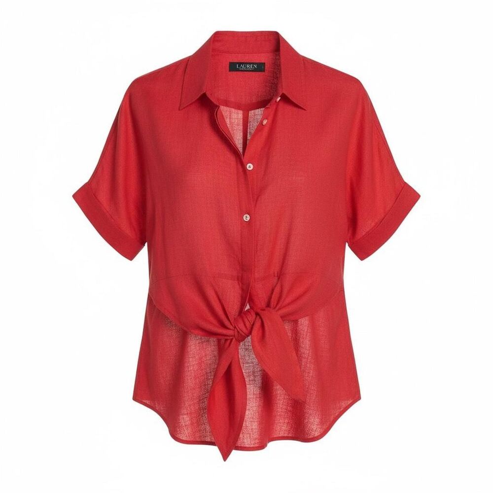 Lauren Ralph Lauren Red linen tie front blouse size M